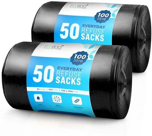 Eco Bag 50 Heavy Duty Bin Liner Refuse Sacks - 100L Black, 736mm x 990mm, 48 (Pack of 2)