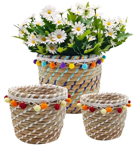 KMERCE 3er Set Pflanzenkorb Seegras, übertopf Boho, Blumentöpfe Geflochten rund, dekorativ übertöpfe Korb für zimmerpflanzen, Mit Wasserdichtem Kunststofffutter, 12 cm, 17 cm, 23 cm Durchmesser