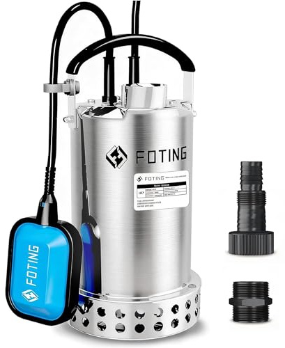 FOTING Full 304 Stainless Steel Sump Pump with Float Switch - 1HP 4600GPH Automatic Submersible Water Pump Fast Water Removal in Pools, Basements, Sewage, Hot Tubs Heater Flush Pit, ponds w/ 10FT Cord