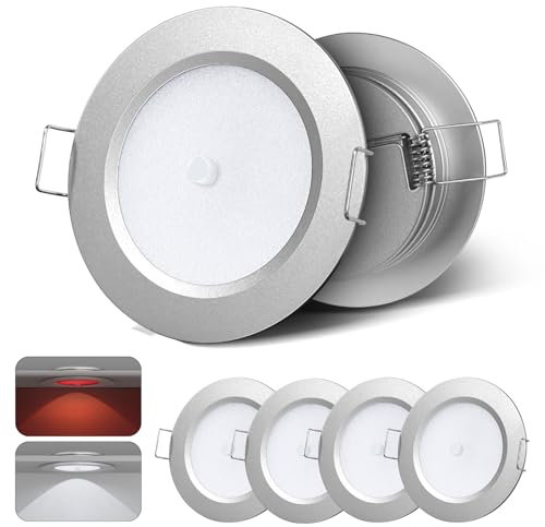camperxlite 4 Piezas 2.5W Foco Empotrable 12VDC Regulable para Camper, Aluminio Focos LED Interior Techo 24VDC con Luz Roja para Autocaravana, Barco, Tráiler, Baño, Armario, Gabinete, Vitrina, 5000K