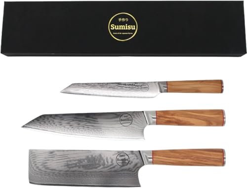 Sumisu Knives - Japanische Messerset 3-teilig, Wood Kollection, 100% Damastmesser, Geliefert in luxuriöser Geschenkbox, Küchenmesser