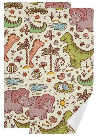 ZRWLUCKY Niedliches Dino-Handtuch, Badezimmer, Set mit 2 Stück, 71,1 x 35,6 cm, Baumwolle, dekoratives Mikrofaser-Handtuch, saugfähig, Waschlappen für Körper und Gesicht, weiches Handtuch