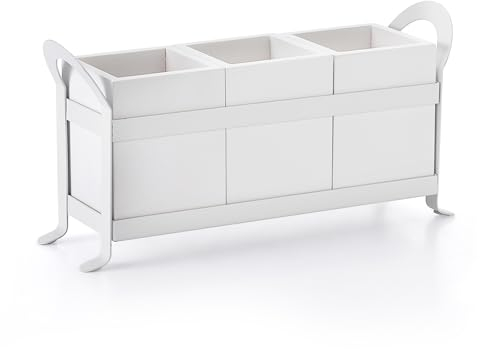 BTSKY Panier à ustensiles en bois avec plateau en métal – Organiseur de couverts blanc à 3 compartiments pour comptoir de cuisine, organiseurs de rangement multifonctions en bois