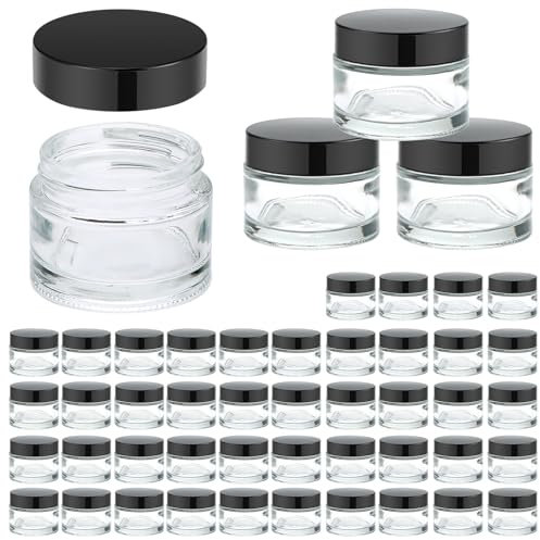 Lot de 48 petits bocaux en verre transparent avec couvercles noirs, petits pots vides de 56,7 g avec doublure intérieure, mini pots à échantillons ronds de voyage pour lotion, cosmétiques, crème