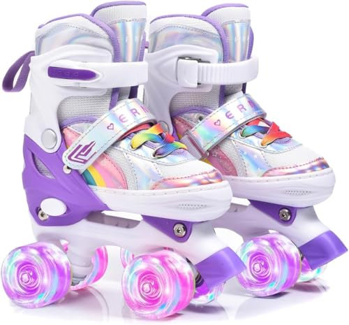 ERNAN Rollschuhe Mädchen Verstellbar.komfortabl LED Rollerskates für Jugendliche und Anfänger.4 Größen verstellbar,Rollschuhe für Mädchen,Jungen und Anfänger (Rainbow Purple, S)