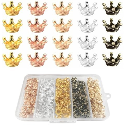 DYMHQ 200 Stück Kleine Goldene Kronen Charms, 5 Farben Mini Krone Deko für DIY Perlen, Anhänger zum Schmuck Basteln