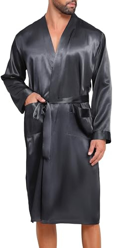 Lovasy Peignoir Homme Satin Robe de Chambre en Soie Léger à Manches Longues Peignoir de Bain kimono Doux et Confortable Vêtement de Nuit avec Ceinture et Poche,A-Gris foncé,L