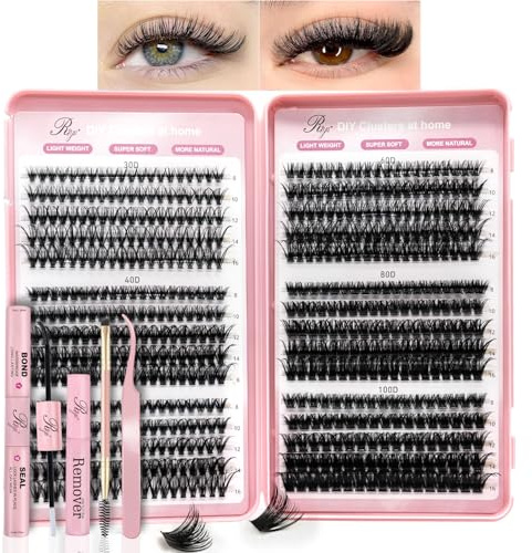Cluster Lashes Kit 30D-100D 590pcs Thick Individual Cluster Lashes Book with Eyelash Glue & Seal D Curl Natural Fluffy DIY Lash Extensions for Beginners(30+40+50+60+80+100D kit)