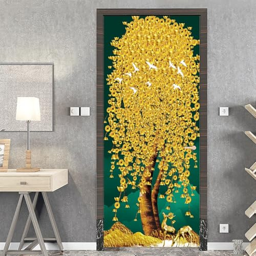 Trompe l'oeil Adesivi per Porte Albero della vita d'oro Autoadesiva Impermeabile,Vinile PVC, Carta da parati per pareti e porte poster per la camera da letto e il soggiorno 77 x 200 cm