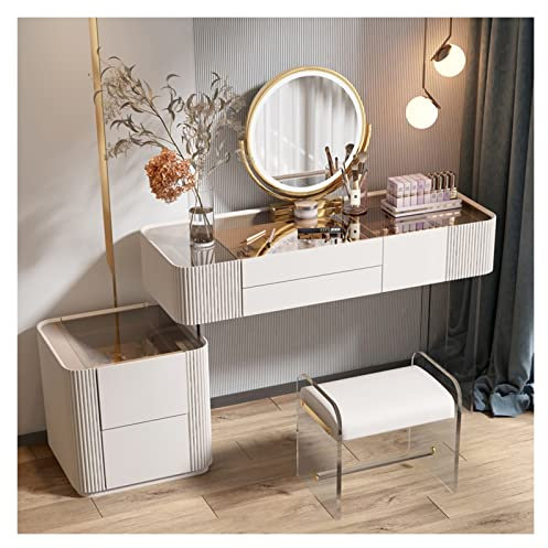 JUNCHENG1008 Tavolo Trucco Vanity Desk con Specchio e Luce, Trucco Moderno con 4 cassetti portaoggetti for Camera da Letto, Bianco Toilette con Specchio(M)