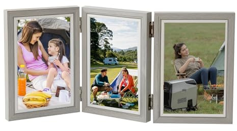 Trifold Photo Frame, 6x4 inches Picture Frame Collage for 3 Photos, Hinged Triple Foldable Frames with Acrylic Plate 180° Foldable Hinged Picture Frame for Wedding Family Tabletop Desk Display(Grey)