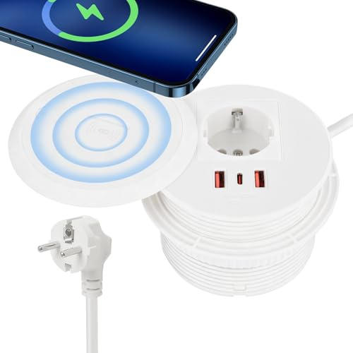 Inbyggt grenuttag med USB C PD 20 W och 15 W trådlös laddning, inbyggt uttag med lock och USB, infällbart uttag för bänkskiva kök, Ø 90 mm