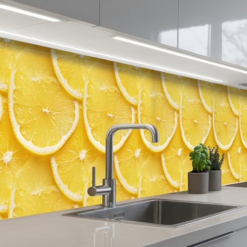 KitchenYeah© Splashback for kitchen 32x197 / 80x500 cm self-adhesive Sink Splash Splatter Guard Splashbacks Walls Slices - Lemon - Juice