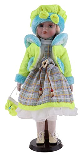 DXEHSEUY Lovely Girls - Muñeca de porcelana con soporte de madera y abrigo verde