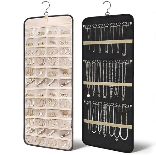 Rthynti Hanging Jewellery Organiser, Dual-Sided Jewellery Storage with Metal Hooks, Necklace Storage with 48 Pockets And 3 Wave-Shaped Hooks for Earrings Necklaces Rings (Black)