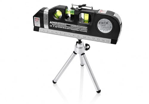 Laser Spirit Level Tool with Tape Measure & Tripod Stand — Cross Line Horizontal Vertical Laser, 2 Bubble Vials, DIY Home Use