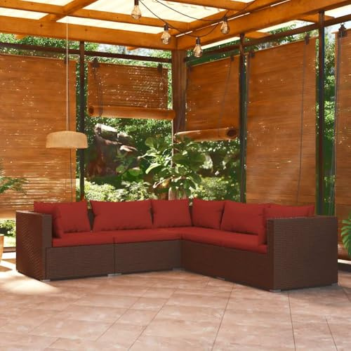 PTUGUOF 5-TLG. Garten-Lounge-Set mit Kissen, PE Rattan Sofa Set braun, modulares Poly Rattan Lounge-Set mit pulverbeschichtetem Stahlrahmen und verchromten Kunststofffüßen, wasserdichtes