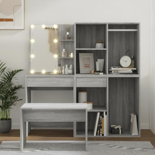 Mangloder Sminkbord set med LED i grått Sonoma av trämaterial, spegel med USB-ljus, pall, överskåp och underskåp för sovrum, omklädningsrum, förvaringsutrymme och ordning i rummet