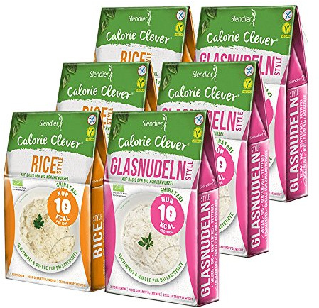 6 x Slendier Bio Konjak Nudeln, Probierpaket Energie, 3 x Glasnudel-Style 250 g + 3 x Rice-Style 250 g, Shirataki Nudeln, Bio-Qualität