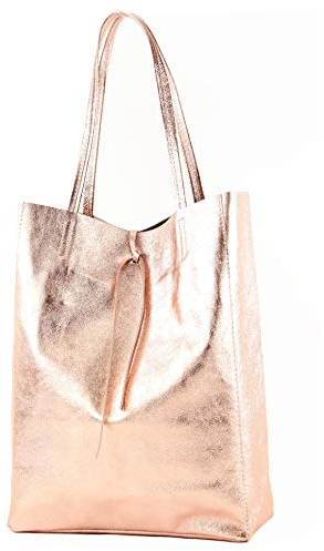 modamoda de T163 Damen Leder Shopper Schultertasche Large mit Innentasche handmade in Italy, Farbe:Rosé-Metallic