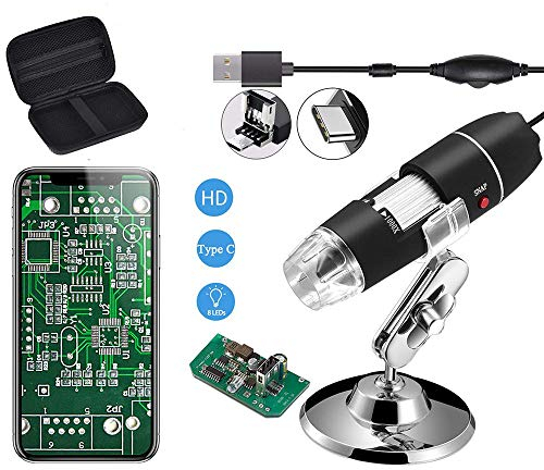 Jiusion Original 40-1000X USB Mikroskop mit tragbaren Tragetasche, Digitale Vergrößerung Endoskop Mini Kamera 8 LEDs Metall Basis für Micro USB Typ C Android, Windows Mac Linux Chrome