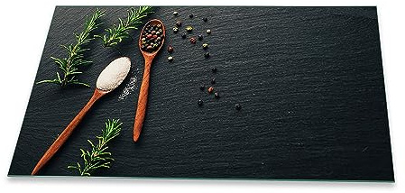 Herdabdeckplatte Abdeckung Ceranfeld Abdeckplatte Schneidebrett 1-Teilig 90x52 Kräuter Besteck Grau Spritzschutz Glasplatte Ceranfeldabdeckung Schutz Herdschutz Sicherheitsglas Glasschneidebrett