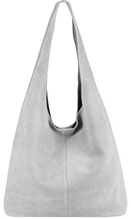 OBC Made IN Italy Damen Leder Hand-Tasche Wildleder Shopper Schultertasche Hobo-Bag Henkeltasche Beuteltasche Velourleder (Hellgrau (Wildleder))