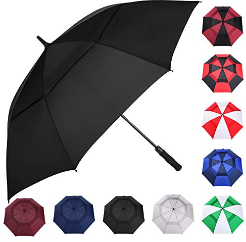 MRTLLOA Automatischer, öffnender, schwarzer Golf-Regenschirm, extra groß, übergroß, doppeltes Baldachin, belüftet, winddicht, wasserdicht, Stockschirme für Regen (Black, 62 Inch)