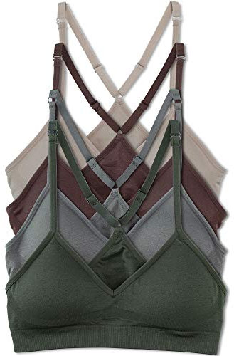 Kalon Women’s 4 Pack Racerback Sports Bralette Seamless Wireless Comfort Bra, Earth, L