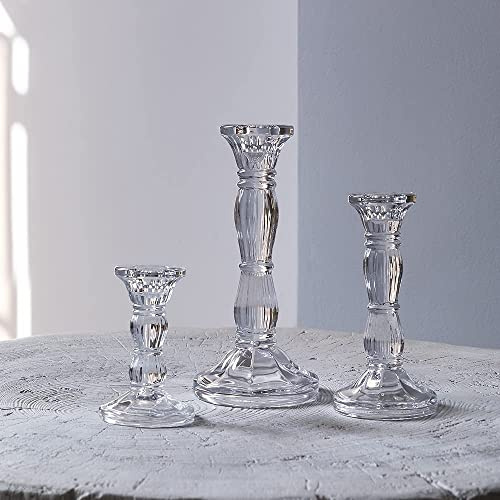 Taper Candle Stick Halter Set von 3 Klarglas Taper Candlestick Halter Dekorative Kerzenhalter für Buring Kerzen, Led Taper Kerze, Party,Tisch Mittelstück, Hochzeit, Esszimmer Dekoration