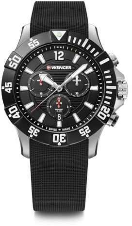 WENGER Herren Armbanduhr Seaforce Chronograph Ø 43 mm, Swiss Made, Analog Quarz, Wasserdicht bis 200 m, Silikon-Armband, Schwarz, 01.0643.118