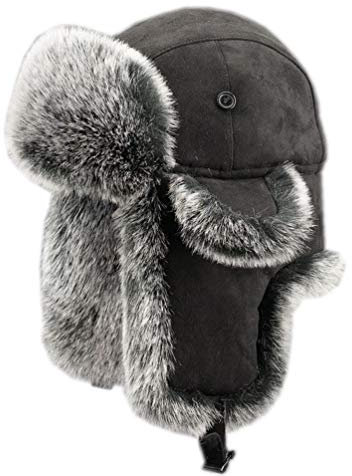 HAORUN Herren Trapper-Mütze, Sport, russischer Kosaken, Kunstfell, Wildleder, warm - Schwarz - SMALL