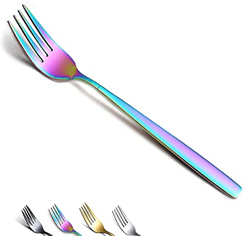 Berglander Fourchettes de table arc-en-ciel 6 pièces, ensemble de fourchettes de placage coloré brillant titane en acier inoxydable,cuillères et de fourchettes