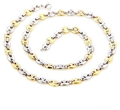 Daesar Halskette Edelstahl ohne Anhänger, 11MM Bohnenkette Silber Gold Kette Biker 55CM für Herren Männer