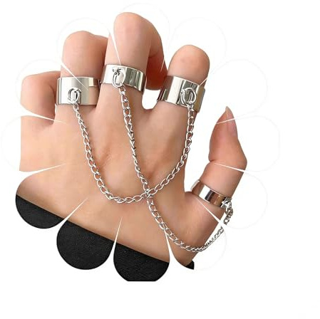 Yheakne Punk Chain Finger Cuff Rings - Silver Open, Adjustable Knuckle Joint Set, Stackable Gothic Statement Rings for Women and Girls Gifts
