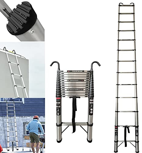 5M Heavy Duty Telescopic Ladders With Hooks 13 Steps Stainlee Steel Extending for Multi-Purpose Indoor Outdoor Roof Work Decoration Builder Supply 150KG Capacity