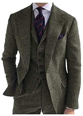 SUZHIMO Tweed Herringbone Suits for Men Dark Green 3 Piece Slim Fit Suit for Men Wedding Suit Mens Suits Winter,L