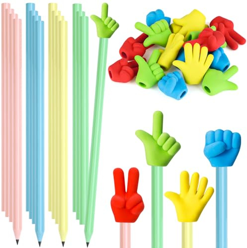 Smivyhp Dreikant-Bleistift mit Radiergummi Set, Lustige Mitgebsel Kindergeburtstag,16 Stück Mehrfarbig Graphitstift mit 16 Stück Schere-Stein-Papier Radiergummi für Schüler Hausaufgaben Schule Büro