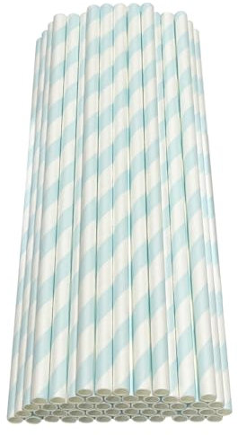 Haobase Lot de 50 pailles en papier biodégradables pour boire, cocktail, café, boissons froides, motif à rayures, blanc/bleu clair