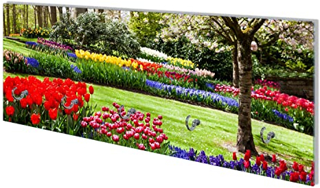 Wallario Wandgarderobe aus Glas in Größe 80 x 30 cm mit Memoboard-Funktion, Motiv: Bunte Blumen und Kirsch-Baum im Park blühen im Frühling | 5 Kleiderhaken zum Aufhängen von Jacken