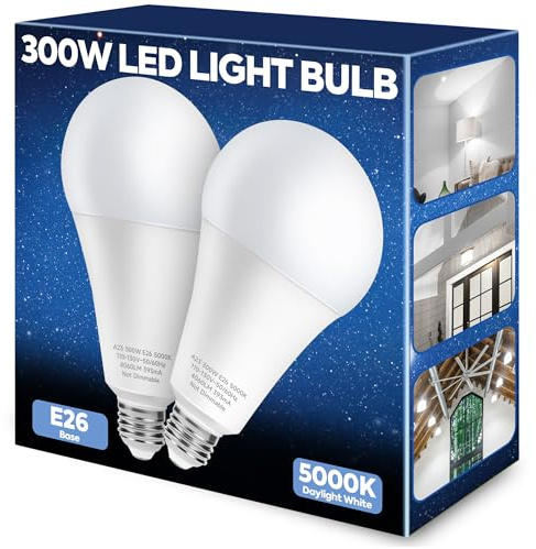 Nouscan 300W Equivalent LED Light Bulb, 4060LM Super Bright A23 LED Bulb, Daylight 5000K, 33W Energy Saving, E26 Medium Base, 120V for Garage, Warehouse, Shop, Supermarket, Non-Dimmable, 2 Pack