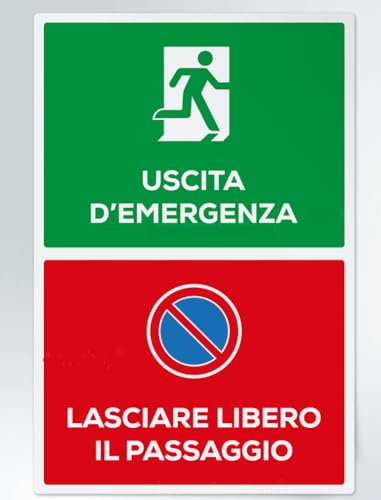 GLOBAL CARTELLO SEGNALETICO - uscita d'emergenza e lasciare libero il passaggio - Segnale Adesivo Extra Resistente, Pannello in Forex, Pannello In Alluminio (Pannello In Alluminio, 20x31 cm)