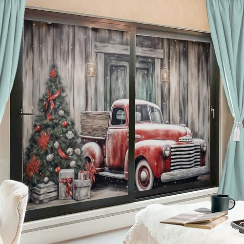 Rustikale Weihnachten Fensterfolie Abdeckungen Holzhaus Rot LKW Winter Vintage Fenster Sichtschutzfolie Nicht Klebende Glasfolie Dekorative Statische Frischhaltefolie für Home Office 90 * 140cm X2 Pcs