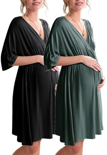 Ekouaer 3 in 1 Labor/Delivery/Hospital Gown 2 Pack Maternity Dress Nursing Nightgown Sleepwear for Breastfeeding, Black/Dark Green, Medium