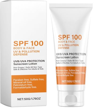 Oldmoom 50g Crème Solaire SPF 100, Lait Solaire FPS 100, Crème solaire pour Visage et Corps, écran solaire texture légère & non grasse, Protège des UVA & UVB - Anti-Dessèchement, Absorption Rapide