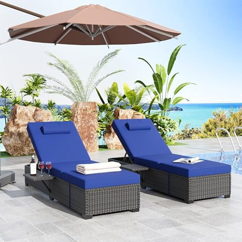 IDEALHOUSE 78'' Long Outdoor PE Wicker Chaise Lounge Chairs, Outdoor Pool Lounge Chairs Set of 2, Outdoor Patio Chaise Lounge Chair with Removable Tabletop, Brown Rattan Recliners with Adjustable Back