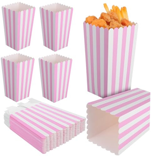 SHOWERORO 40pcs Striped Paper Popcorn Bags Pink White Party Popcorn Containers Reusable Snack Bags for Movie Night Carnival
