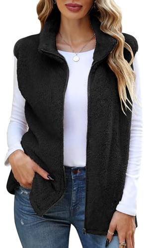 CMTOP Chaleco Mujer Invierno de Polar Teddy Chalecos Exteriores Cuello Alto Otoño Ligero Chaqueta sin Mangas Peluche Chaleco Suave Cómodo con Cremallera y Bolsillos(Negro, XL)