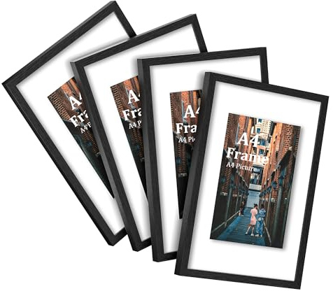 MEGAROOM A4 Frame 4 Pcs - 29.7cm x 21cm（11.7 x 8.3 inches - A4 Picture Frame with A5 Mount for Wall, A4 Photo Frame for Photo Gallery, Safe and Easy to Install（Black）