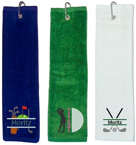 Besticktes Golfhandtuch mit Split-Motiv und Name personalisiert – 40x50 cm | Wunschtext & Einrahmung – 100% Baumwolle – mit Karabiner – Geschenk für Golfer – individuell gestaltbar